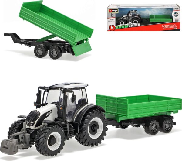 Bburago Farm 10cm Tractor with Trailer - Valtra N174 - Tipping Trailer